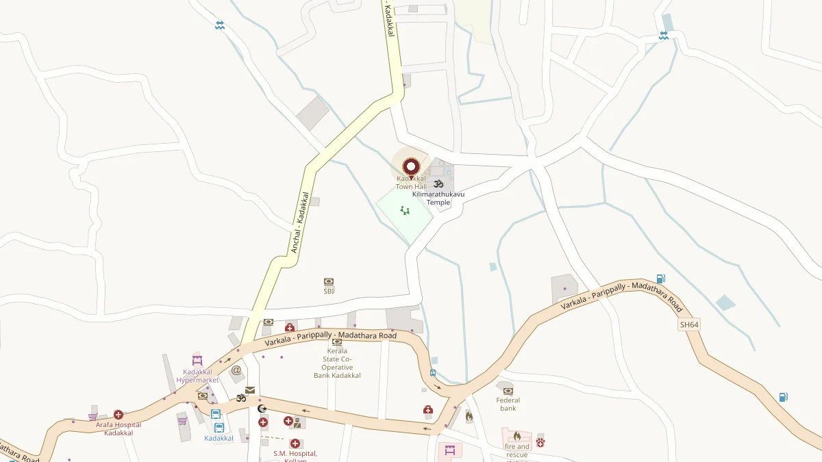 Map of Kadakkal in Kerala with Town Hall Auditorium marked on the Anchal – Kadakkal road